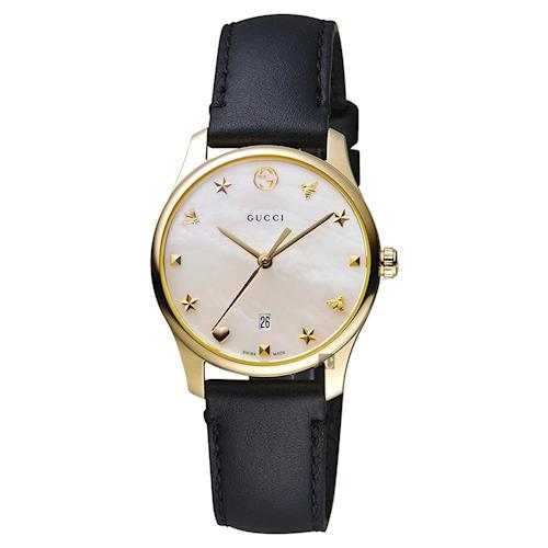 GUCCI古馳 G-Timeless 海洋超薄女錶 珍珠貝x黑色錶帶 28mm YA126589