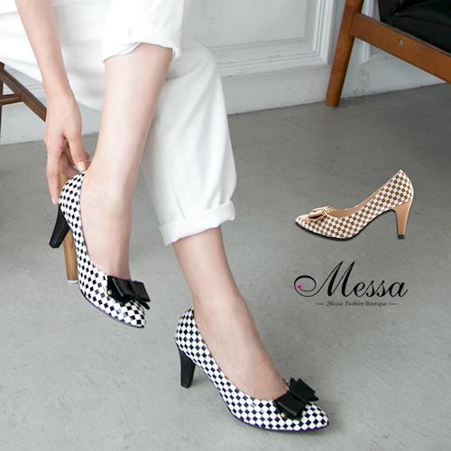 【Messa米莎專櫃女鞋】MIT 經典普普風蝴蝶結內真皮中跟尖頭包鞋-兩色