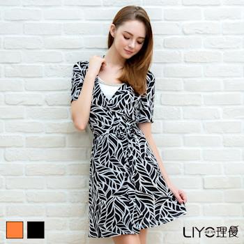 【LIYO理優】優雅深V襯衫領綁帶印花洋裝 526010