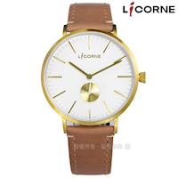 LICORNE 力抗 / LT133MKWD / 極簡設計小秒針藍寶石水晶防水真皮手錶 白x金框x卡其 41mm