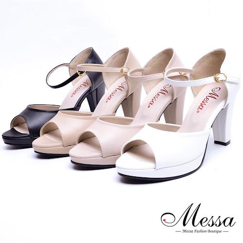 Messa米莎專櫃女鞋- MIT絕美素面一字繫踝魚口粗高跟涼鞋-四色