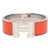 HERMES Clic 米白色H LOGO琺瑯中版手環(橘X銀-PM)