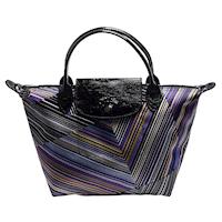 LONGCHAMP OP ART系列錯視感條紋圖案印花帆布漆皮短把手提包(小-紫水晶)