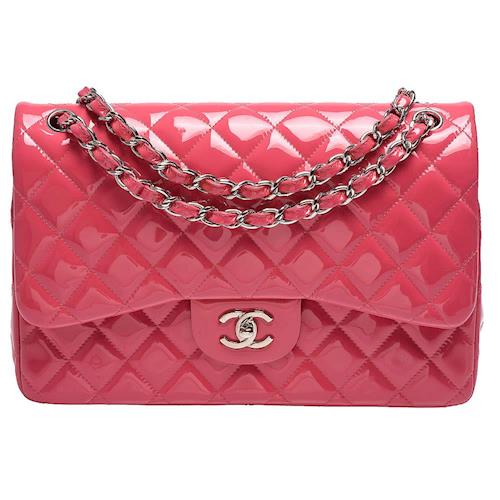 CHANEL 經典雙C LOGO漆皮銀鍊JUMBO COCO包(蜜桃粉-30cm)