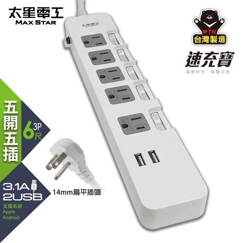 太星電工 速充寶 3.1A 2USB/3P五開五插電腦線/6尺