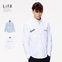 Life8-Casual 貼繡飾標 長袖襯衫-03883-白色/藍色