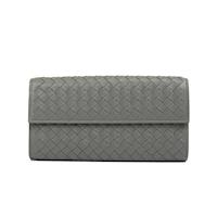 BOTTEGA VENETA 經典編織小羊皮釦式長夾(灰色)