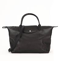 LONGCHAMP Le Pliage Cuir 小羊皮短把折疊小型水餃包(中/黑)