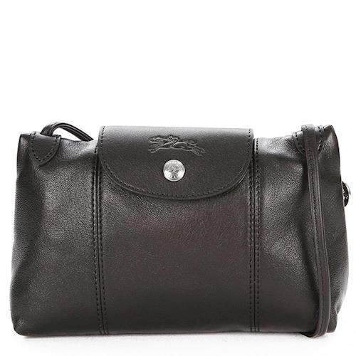 LONGCHAMP 經典 Le Pliage Cuir 小羊皮手拿斜背包(黑)