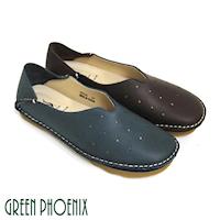 GREEN PHOENIX 全真皮U型剪裁孔洞兩穿平底休閒鞋-藍色、咖啡色