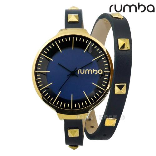 RumbaTime / RU23824 / Orchard 紐約設計師品牌 個性鉚釘造型雙層環繞式皮革手錶 藍黑x金框 36mm