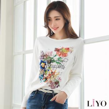 上衣手工燙鑽釘珠印花彈力長袖女裝T恤LIYO理優E742029