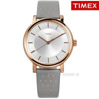 TIMEX 天美時 / TXTW2R27400 / 美國指標復古典雅圓點造型真皮手錶 銀白x玫瑰金框x灰 38mm