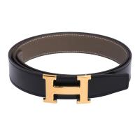 HERMES 經典金色髮絲紋H LOGO雙面兩用小牛皮腰帶/皮帶(黑X大象灰-95cm)