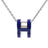 HERMES 經典Pop H立體簍空橢圓LOGO項鍊(銀X皇家藍)