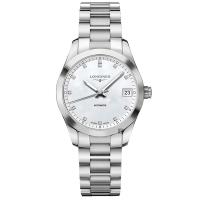 LONGINES浪琴 Conquest 征服者真鑽機械女錶 珍珠貝x銀 34mm L23854876