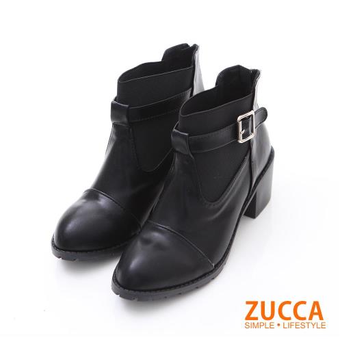 ZUCCA【z6232】日系質感皮革扣環低跟靴-黑色/棕色/駝色