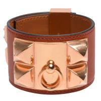HERMES collier de chien金屬鉚釘Swift小牛皮寬版手環(S-古銅色X玫瑰金)