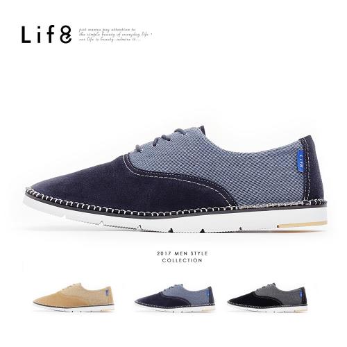 Life8-Casual 牛反毛獨家外翻式 英倫拼接手工休閒鞋-棕色/藍色/黑色-09722