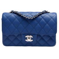 CHANEL Mini Classic Flap菱格荔枝紋小牛皮轉釦亮銀鍊兩用包(皇家藍)