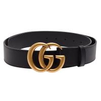 GUCCI 經典仿舊金色金屬雙G LOGO滑面小牛皮釦式腰帶/皮帶(黑)