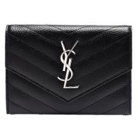 YSL MONOGRAM系列V字縫線魚子醬牛皮銀色金屬LOGO暗釦護照/萬用夾(黑)