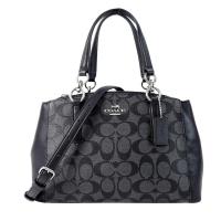 COACH 馬車 C LOGO PVC皮革飾邊三層兩用包(小/黑灰)