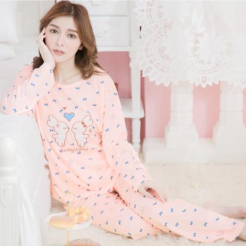 lingling日系 兔子貼布英字蝶結牛奶絲長袖二件式睡衣組(活力淺桔)全尺碼