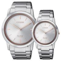 CITIZEN 星辰 鈦金屬經典光動能對錶 銀 41+34mm AW2024-81A+FE7024-84A