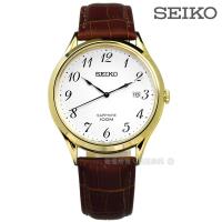 SEIKO 精工 / 7N42-0FW0K.SGEH78P1 / 雅緻簡約藍寶石水晶防水真皮手錶 白x金框x咖啡 40mm