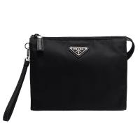 PRADA TESSUTO SAFFI經典銀色三角LOGO尼龍萬用手拿/掛腕收納包(黑)