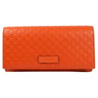 GUCCI 449396 經典小雙G LOGO皮革壓紋扣式長夾.橘