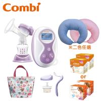 日本Combi 手電動2合1吸乳器+和風紗多功能哺乳靠墊(兩色可選)+防溢乳墊組+春漾手提袋