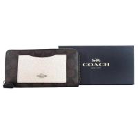 COACH 緹花拼接口袋拉鍊長夾(咖啡珠光金)(禮盒組)