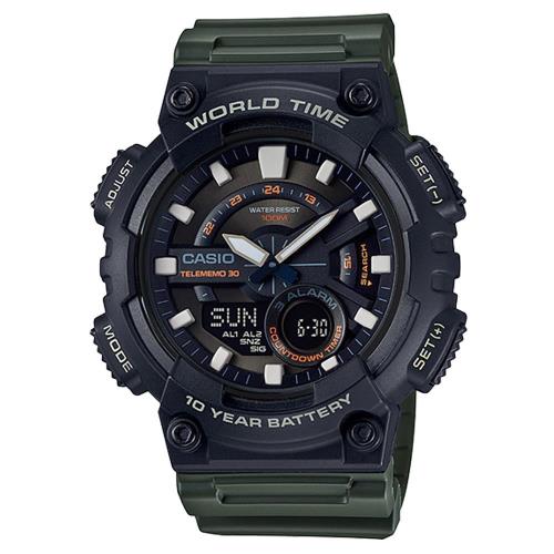 【CASIO】 世界城市玩家雙顯運動錶-軍綠 (AEQ-110W-3A)