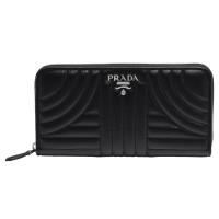PRADA SAFFIANO METAL系列浮雕LOGO小牛皮車紋拉鍊長夾(黑色)
