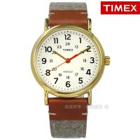 TIMEX 天美時 / TXTW2R42100 / INDIGLO 週末系列專利冷光照明毛呢拼接真皮手錶 米白x金框x卡其灰 38mm