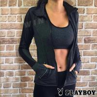 PLAYBOY 透視美學拼紗系列-立領機能運動瑜珈外套(灰色08B17005)