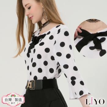 襯衫MIT蝴蝶結點點OL氣質黑白喇叭袖小香風女裝上衣LIYO理優E815001