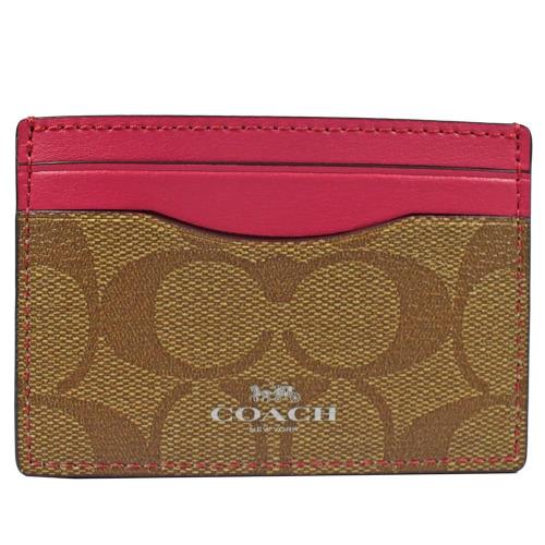 COACH 63279 經典PVC防刮皮革信用卡名片夾.駝/粉桃