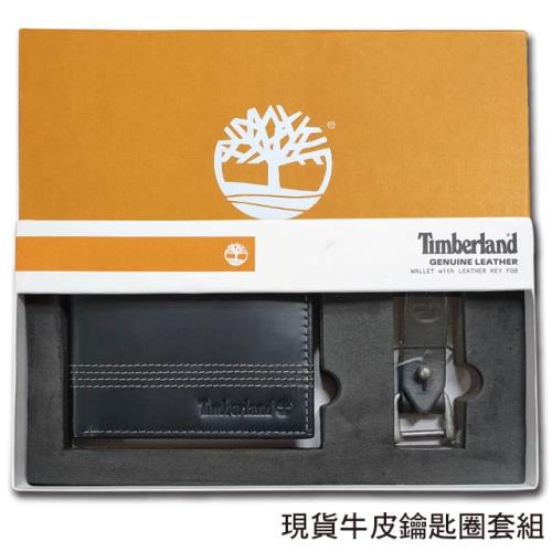 Timberland 男用牛皮短夾 鑰匙圈 套組 精美禮盒 ／黑色（Timberland Logo款）