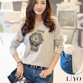 上衣鐘錶印花手工貼鑽前短後長開衩長袖寬鬆休閒T恤LIYO理優E742036