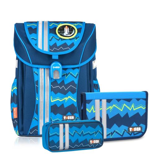 【TigerFamily】學院風超輕量護脊書包-藍色條紋(文具袋+鉛筆盒)