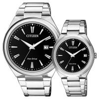 CITIZEN 星辰 光動能簡約對錶-黑x銀/41+35mm AW1370-51F+FE6020-56F