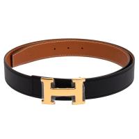 HERMES 經典金色H LOGO雙面兩穿小牛皮腰帶/皮帶(黑X駝)
