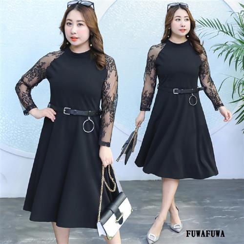 (FUWAFUWA)- 加大尺碼透視感蕾絲袖洋裝 -- 宴會 婚禮好幫手