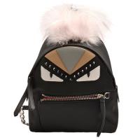 FENDI 經典BUGS系列皮革拼接尼龍毛怪造型鉚釘飾邊手提/後背包(黑-迷你)