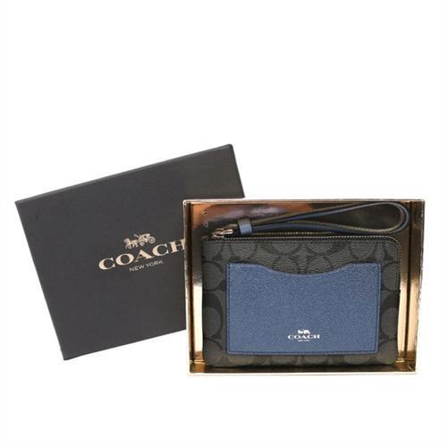 COACH PVC材質口袋手拿包禮盒(黑灰/金屬藍配色) F22713-SVMWM