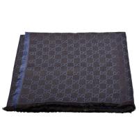 GUCCI 經典GG緹花線條羊毛混絲斜紋雙色流蘇披巾/圍巾(灰X藍/140X140cm)