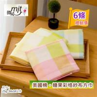 糖果彩格紗布美國棉大方巾/洗臉巾 (6條裝) 【台灣興隆毛巾製】雙層織造/一面紗一面毛巾面